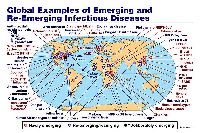Re-emerging diseases: a 2017 map by Anthony Fauci (Map is in the public domain)