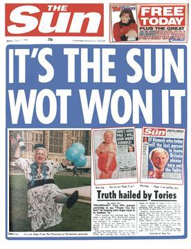 British tabloid journalism boasts of its ability to decide who forms a government (1992) using its pre-teen reading-age writing policy. (Wikimedia Commons)