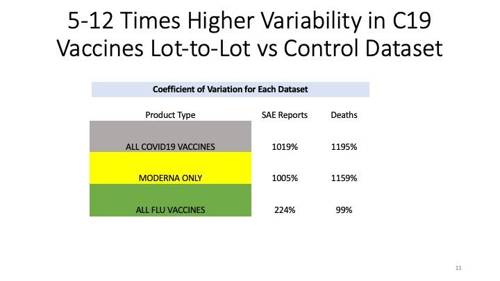 Slide: Five to twelve times higher variability in Covid-19 vaccines lot to lot versus control dataset