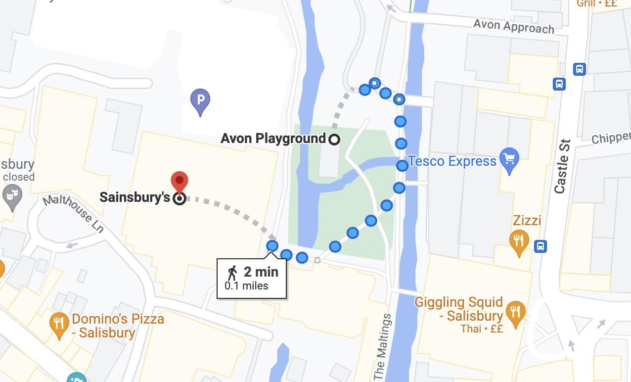 Google Maps shows a route from Sainsbury’s to the Avon Playground where the Skripals fed ducks