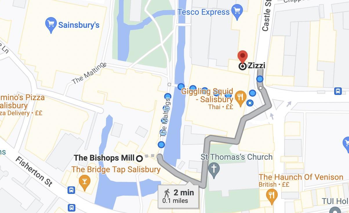 Google Maps shows routes the Skripals could have taken walking from Zizzi restaurant to the The Mill pub