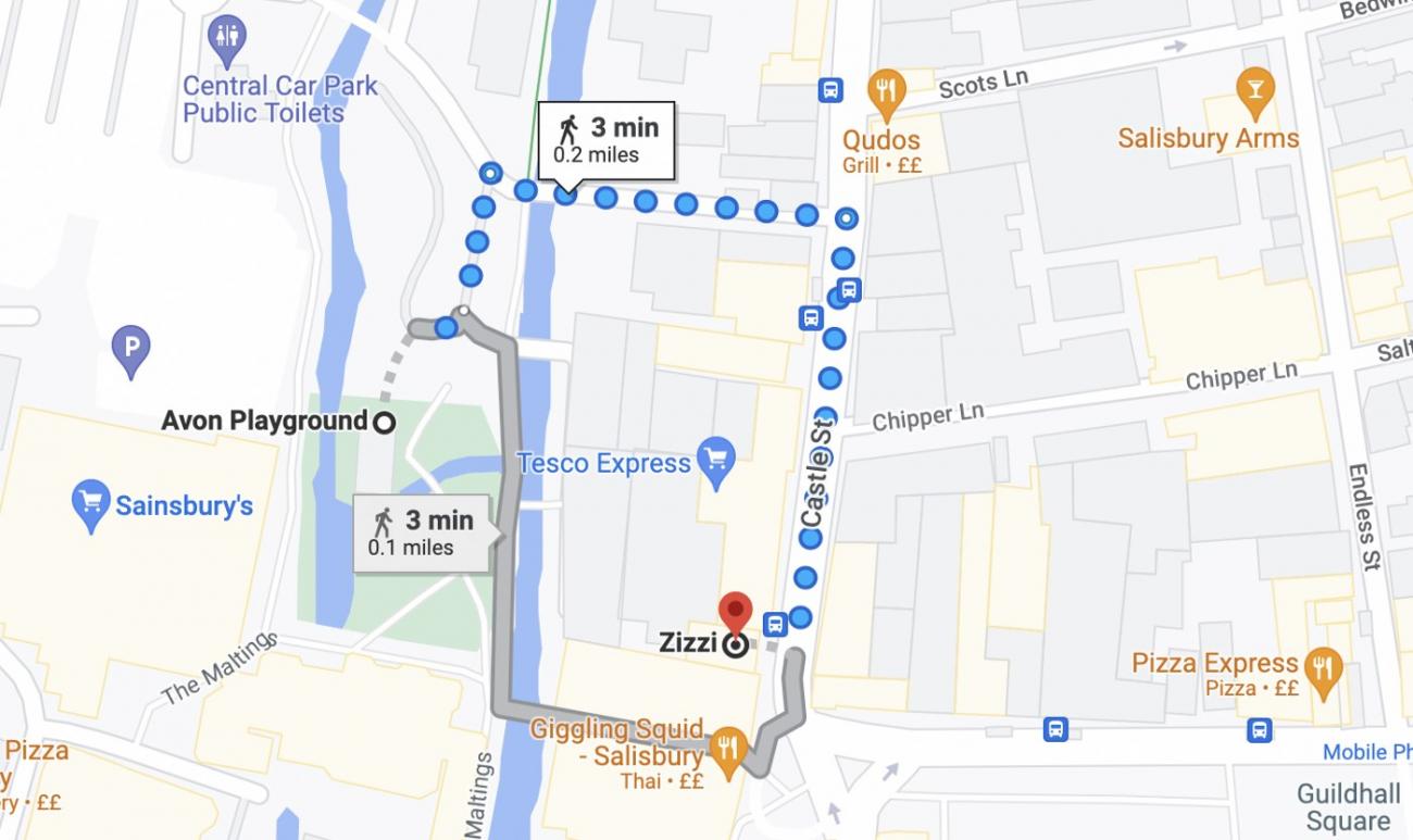 Google Maps shows routes the Skripals could have taken to Zizzi after feeding ducks at Avon Playground