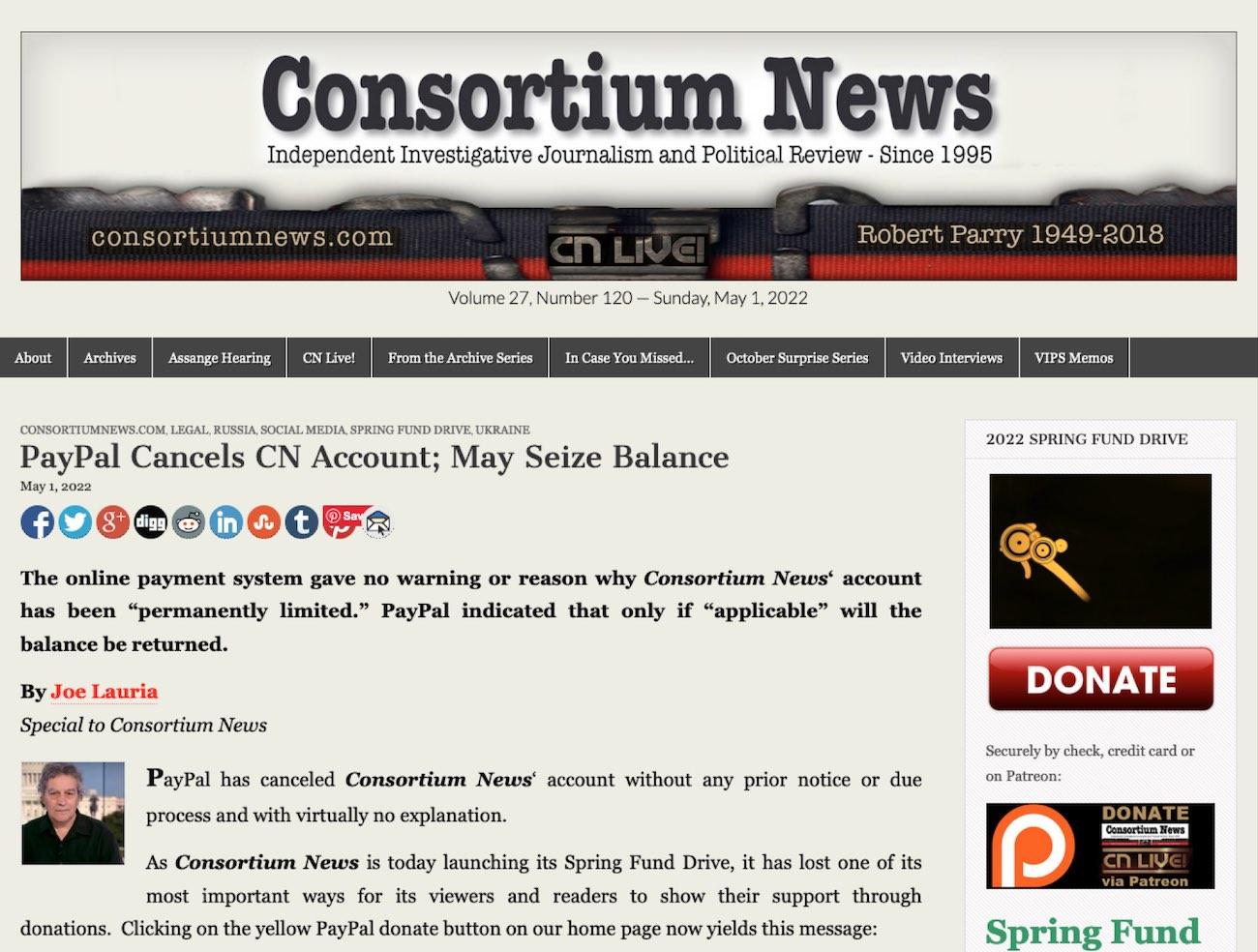 Consortium News Paypal ban