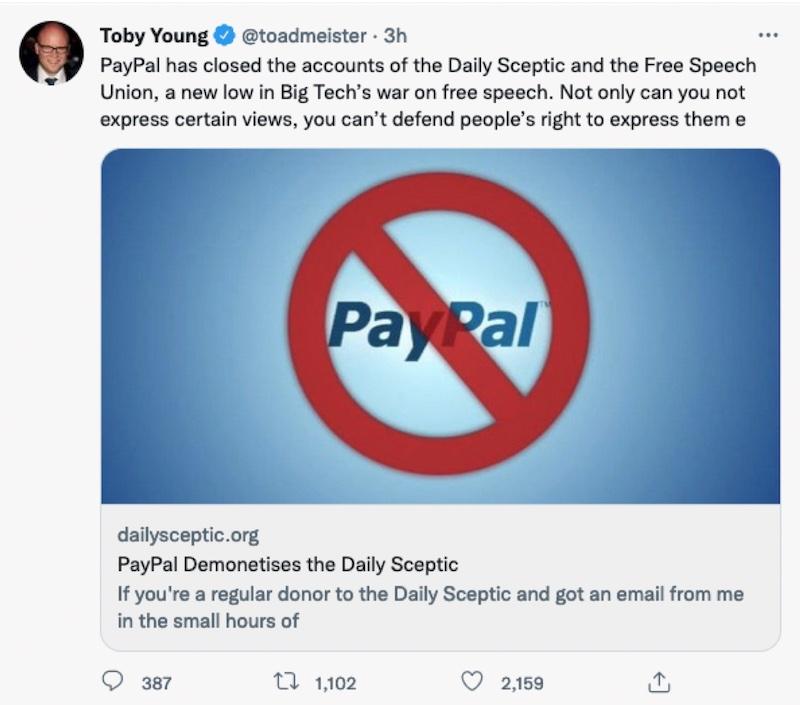 Toby Young tweet on Paypal