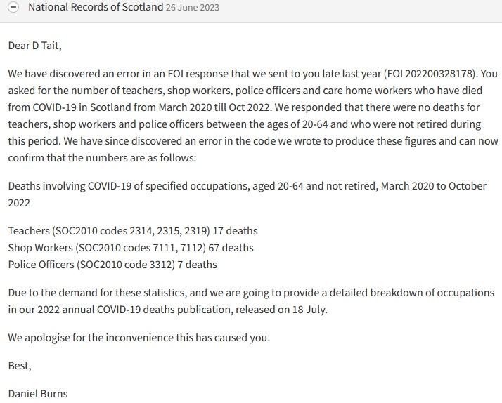 Letter from National Records of Scotland (NRS) 26 June 2023 