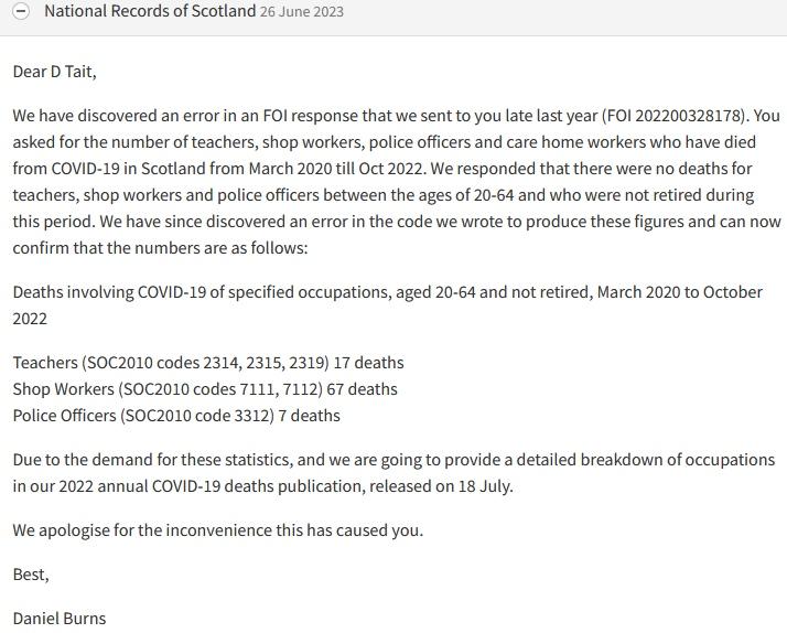 Letter from National Records of Scotland (NRS) 26 June 2023 