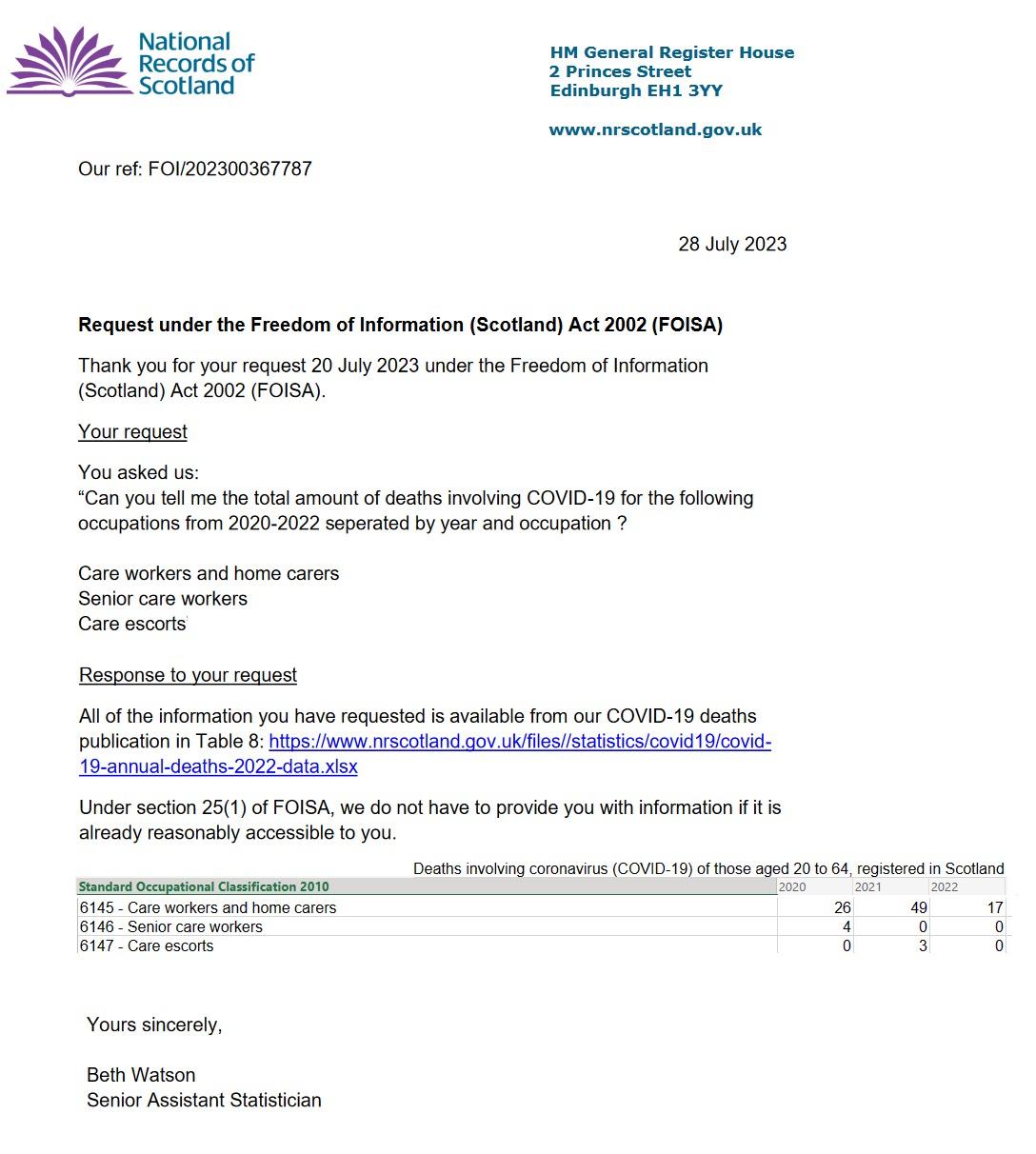 NRS FoI response