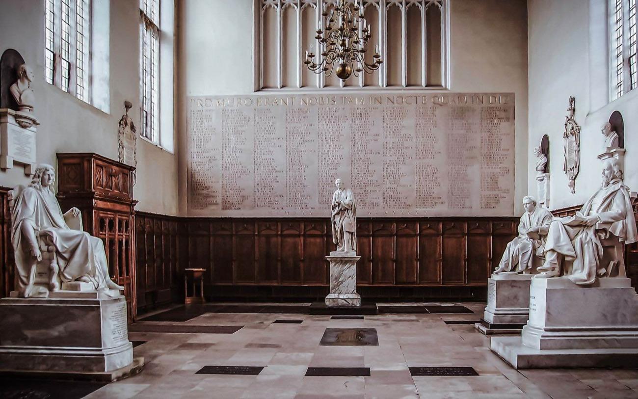 Statues of Isaac Newton (centre) Alfred Tennyson and Francis Bacon in the Anti-chapel at Trinity College, Cambridge