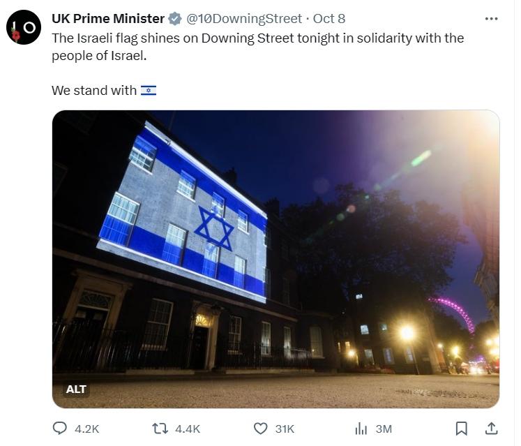 Israeli flag on Downing Street