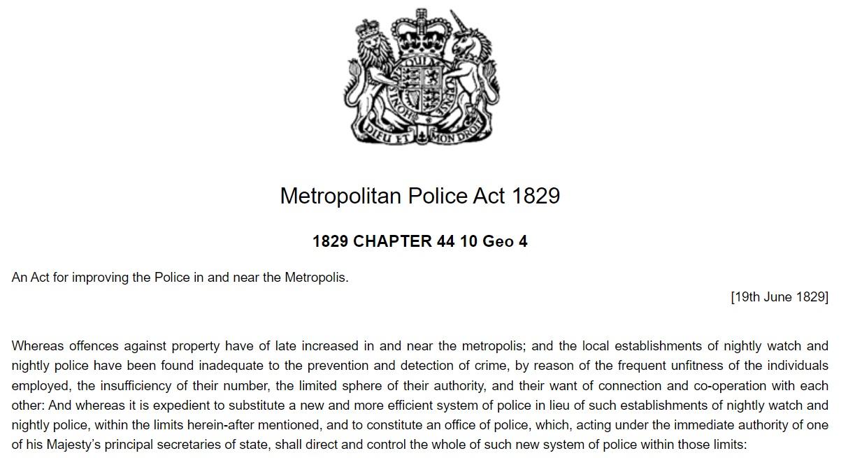 The introductory text from the Metropolitan Police Act 1829