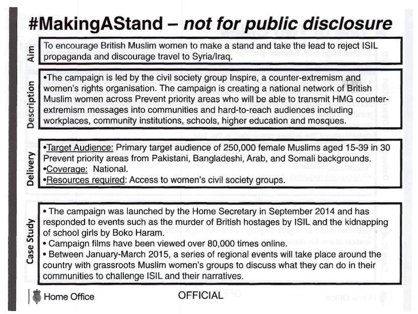 The aim is to “transmit HMG counter-extremism messages into communities and hard-to-reach audiences”