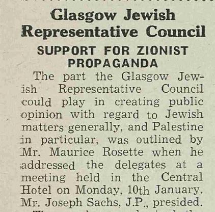 Glasgow Jeish Representative Council Support for Zionist Propaganda