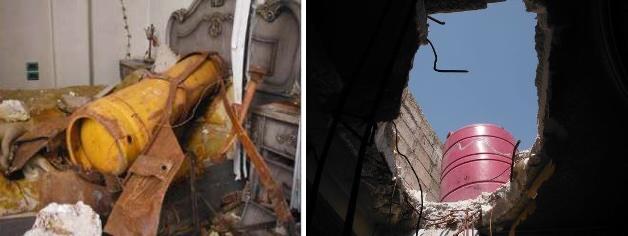 The cylinder here has attached fins and is alleged to have smashed through the metal bar-reinforced roof