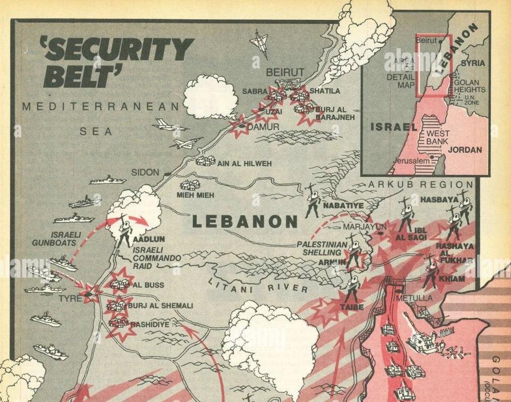 A 1978 map of the area Israel intended to occupy in Lebanon. This area has now extended to include the Litani River.