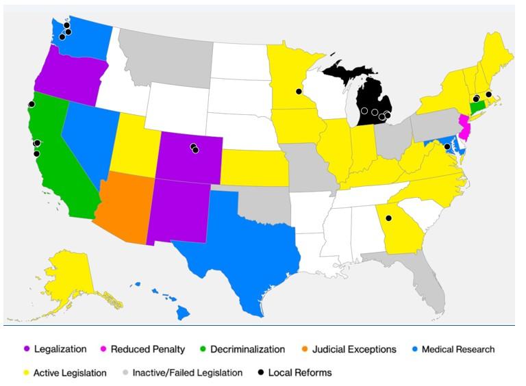 US state map showing psychedelic use laws