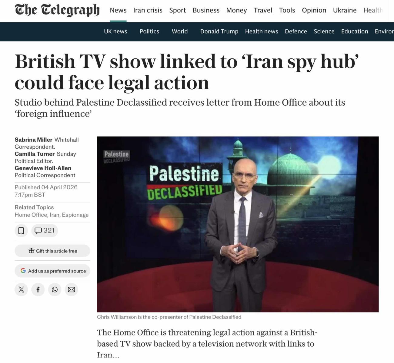 The Telegraph, encouraging fantasies about an 'Iran spy hub' in London
