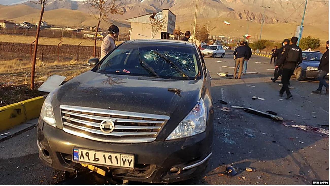 The bullet-riddled car in which Mohsen Fakrizadeh was murdered in Tehran on 27 November 2020
