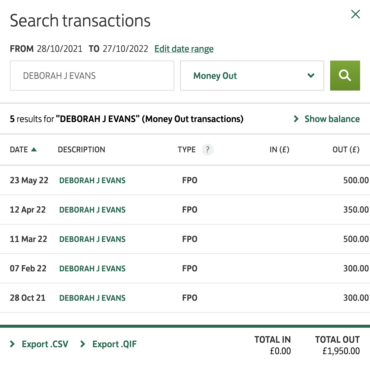 Statement of personal financial gifts from Brian to Debi