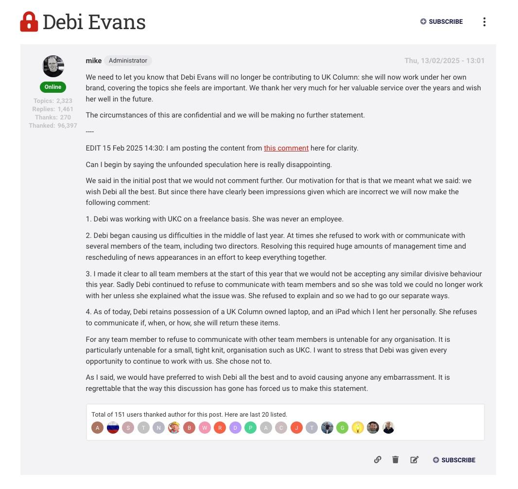 Notice to UK Column members of Debi Evans dismissal