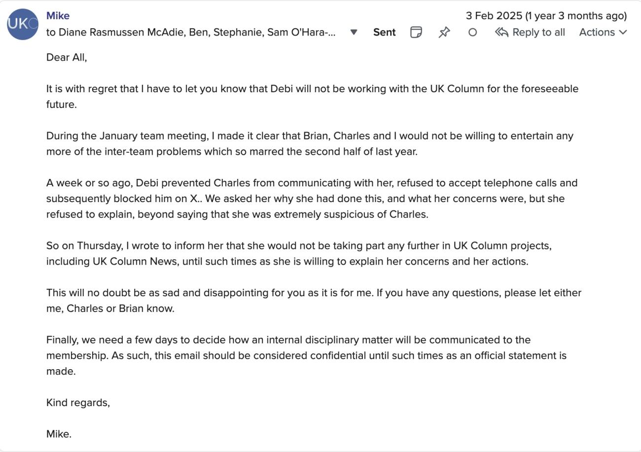 Internal email notifying staff of Debi Evans dismissal