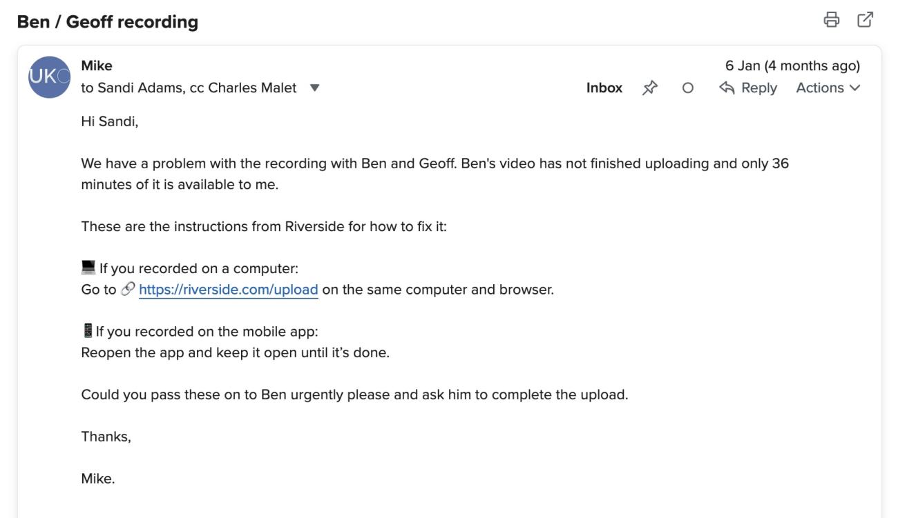 Email to Sandi Adams explaining the technical issue with farmer interview and asking for assistance