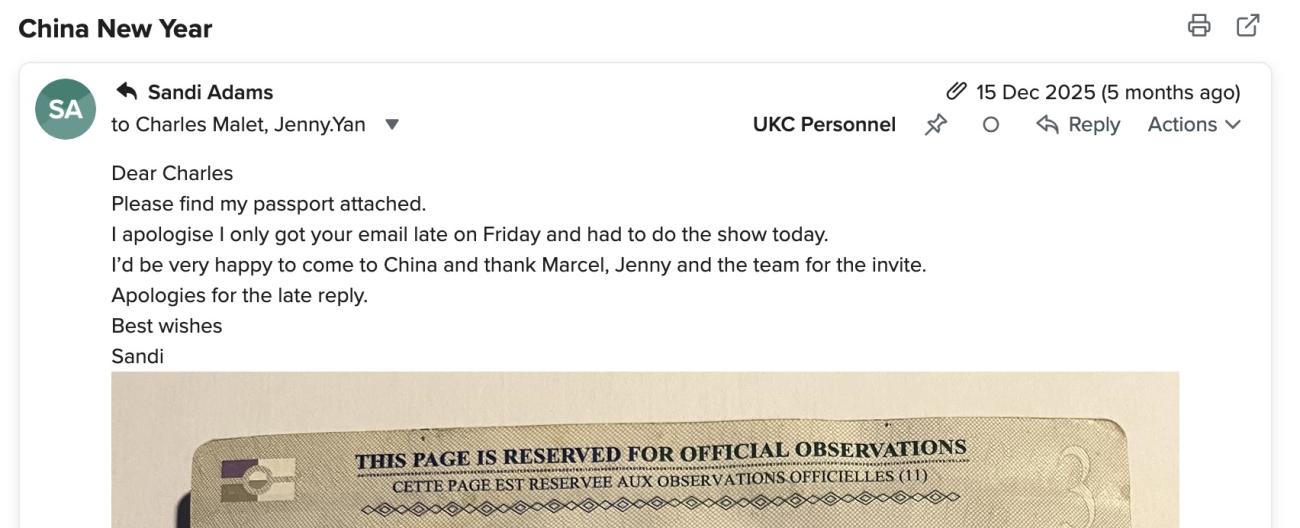 Email from Sandi Adams expressing happiness about China trip