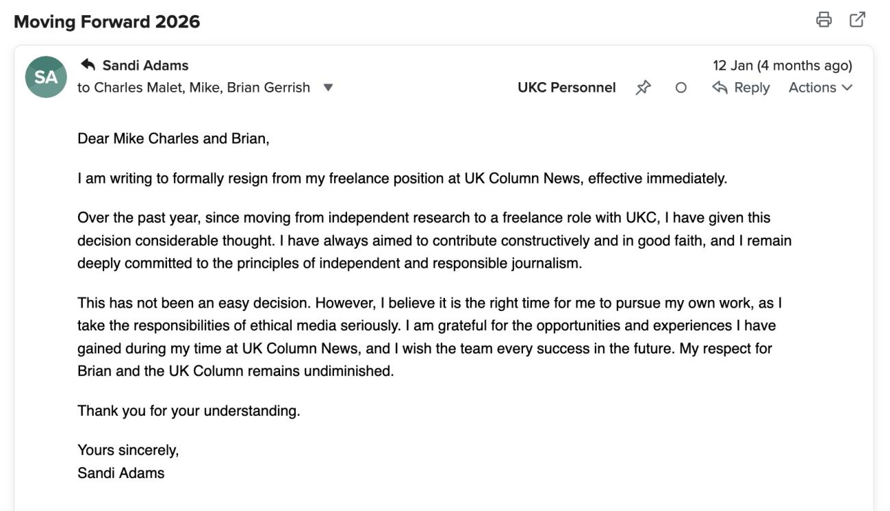 Sandi Adams resignation expressing desire to pursue her own work