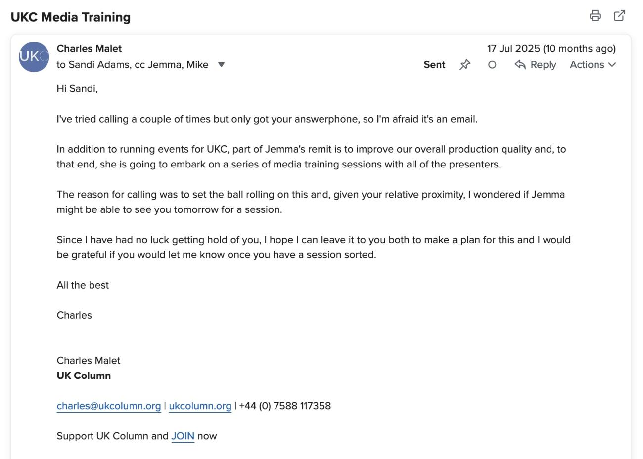 Email from Charles to Sandi informing her of training