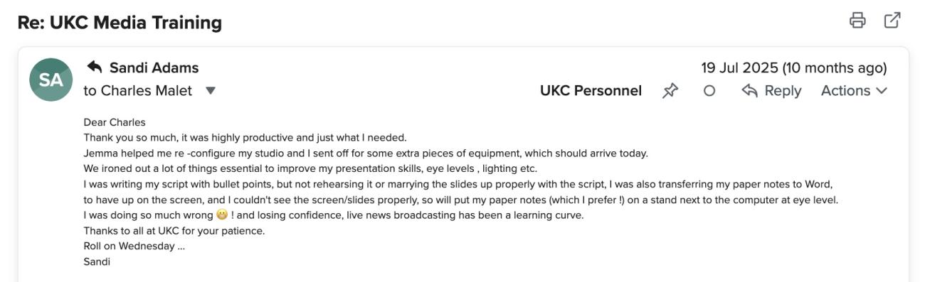 Email from Sandi to Charles thanking him for training