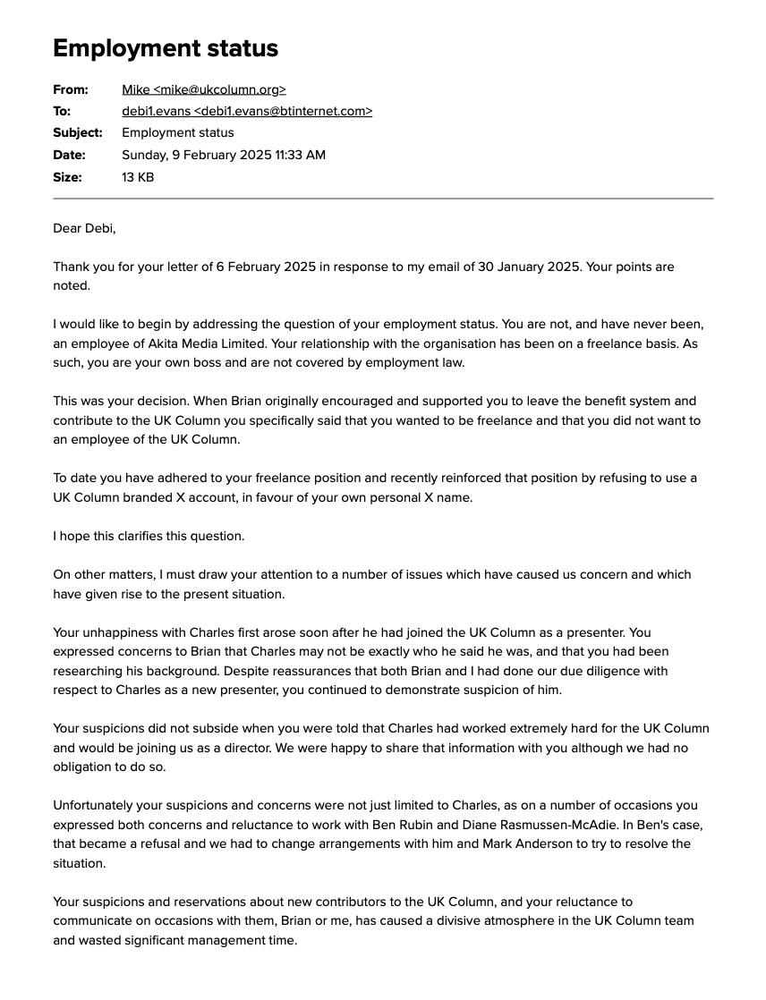 Debi Evans employment status page 1
