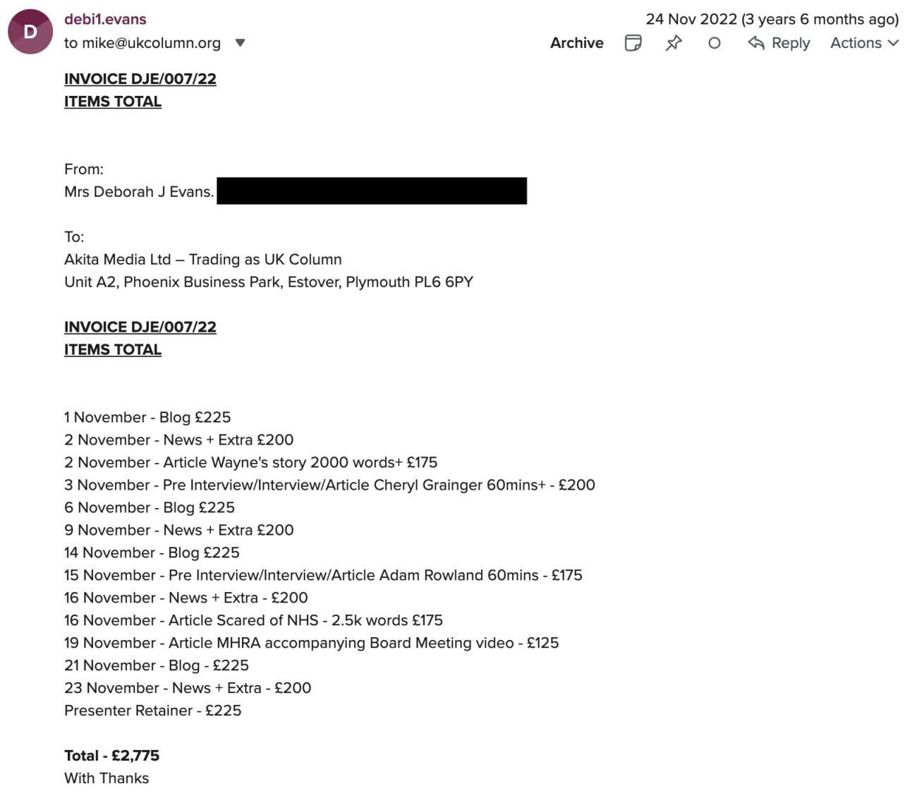 Dabi Evans invoice