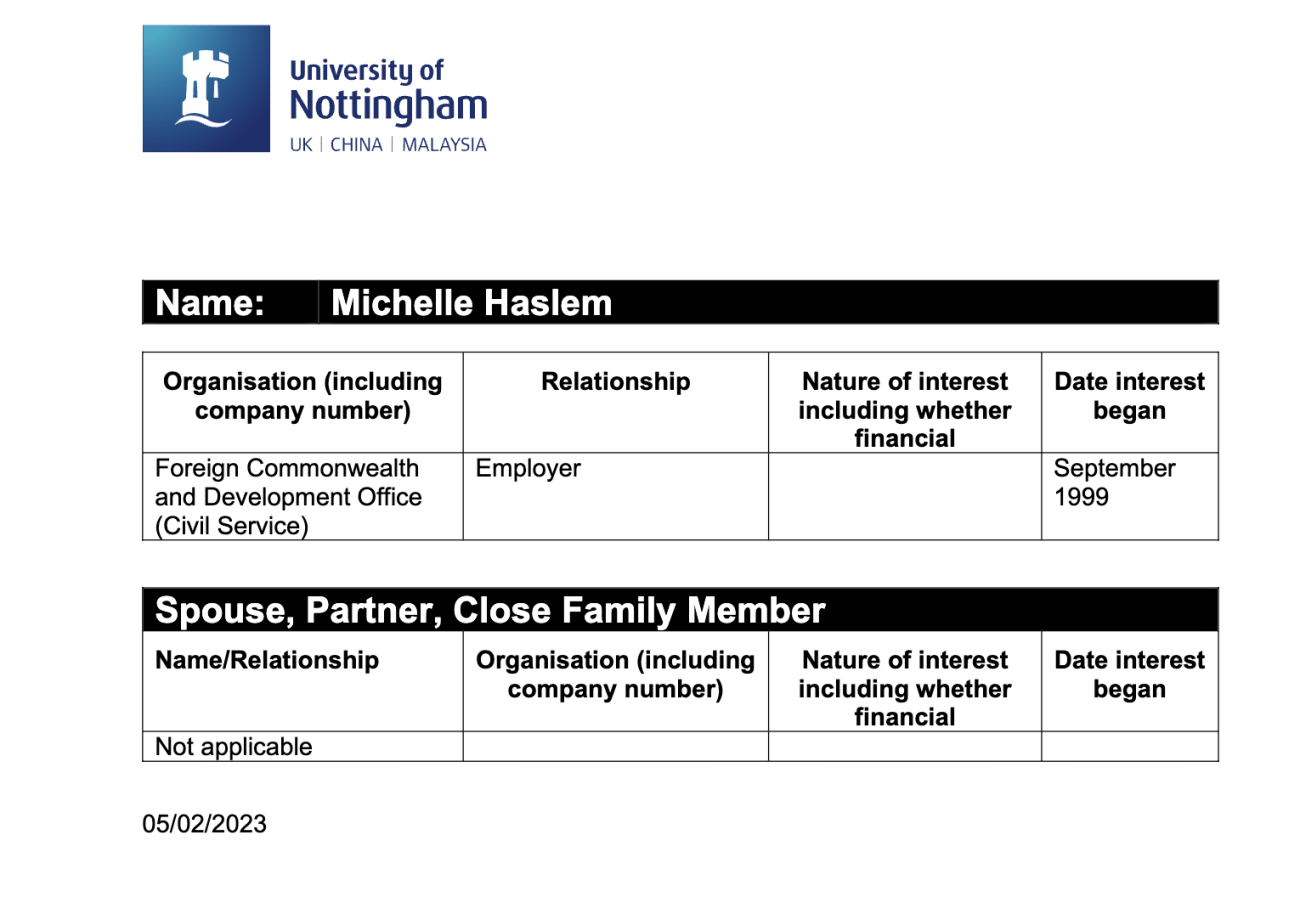 Haslem’s conflict of interest disclosure at Nottingham