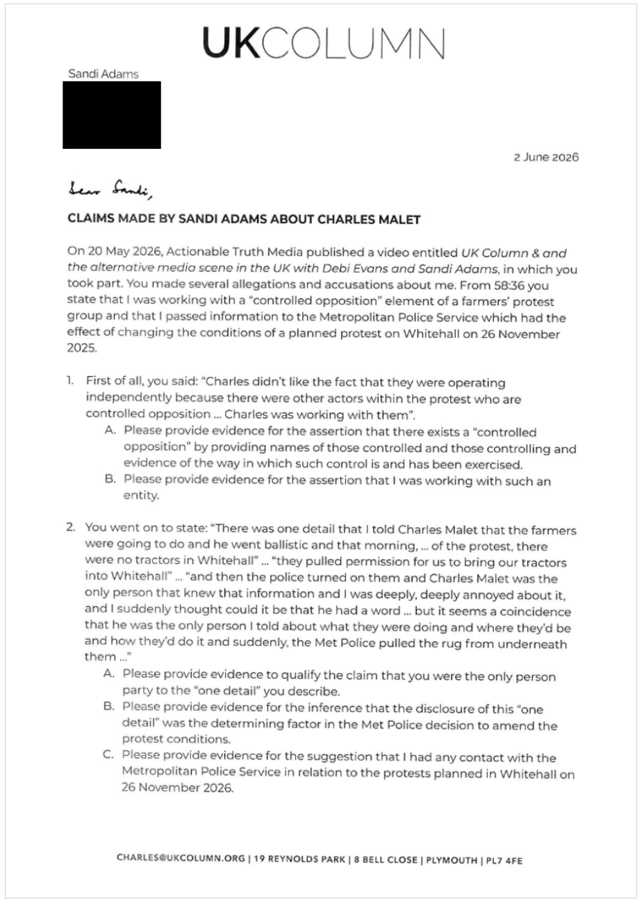 Page 1 of the letter to Sandi Adams