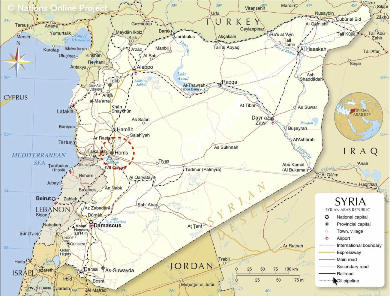 Homs is circled on the map — close to the Syrian border with Lebanon