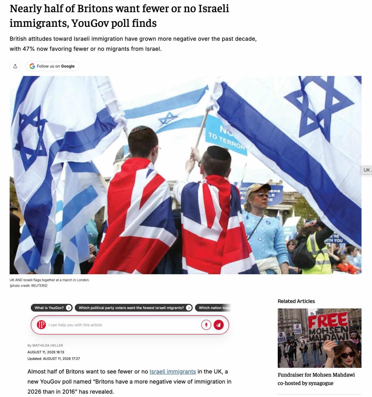 YouGov poll on Israeli immigrants