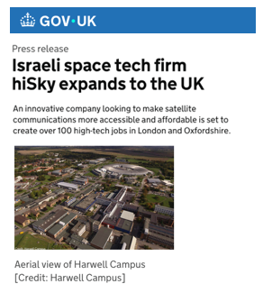 Israeli space tech firm hiSky expands to the UK