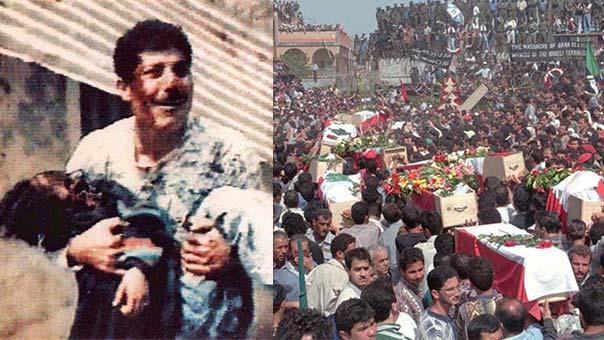 Abbas Jiha holds one of his killed daughters after an Israeli attack on his ambulance (L); funeral procession for the victims of the massacre (R), 1996