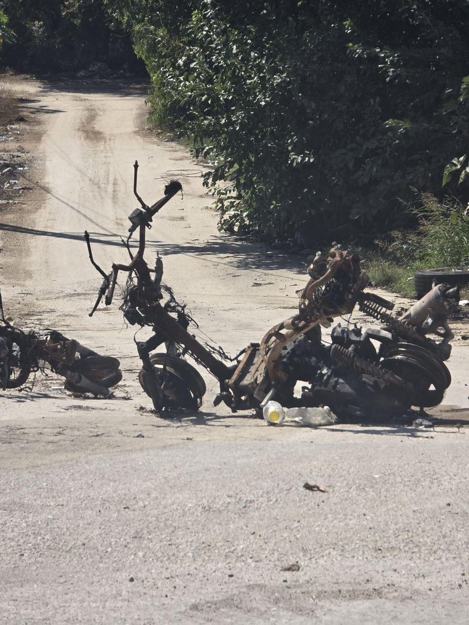 A destroyed motorcycle after an Israeli drone strike in Nabatieh