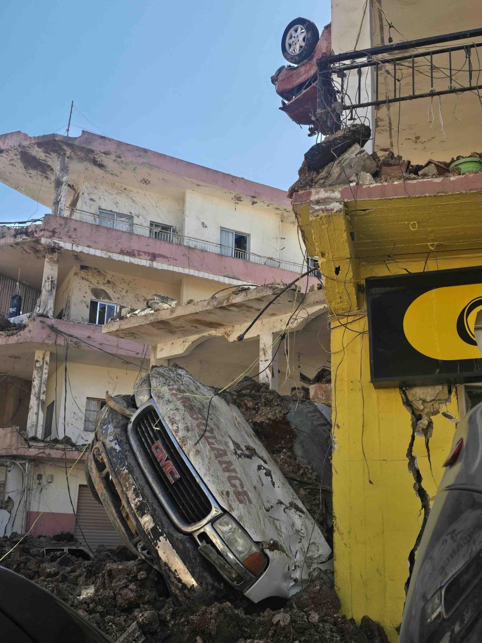 An ambulance thrown into a building in Nabi Chit, Beqaa Valley