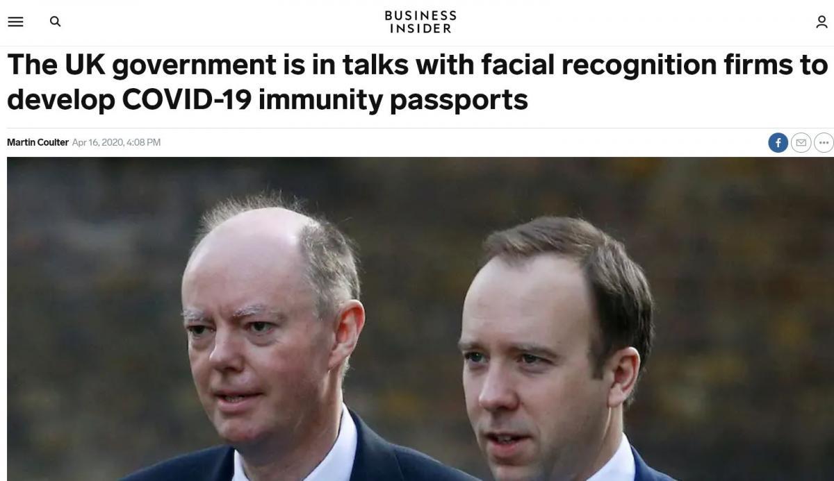 April 16th headline in Business Insider. Chris Whitty with UK Health Secretary, Matt Hancock.