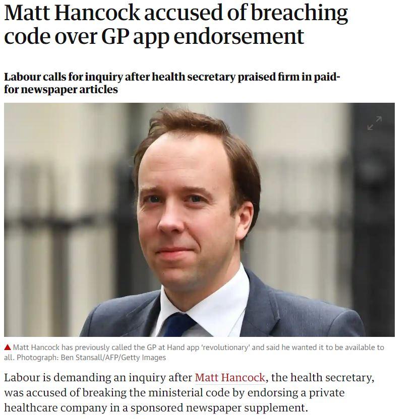 Matt Hancock accused of breaking ministerial code by endorsing a private healthcare company.
