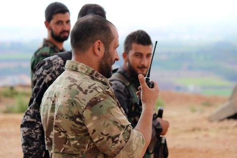 Mhardeh volunteer National Defence Forces on the frontlines with Idlib, occupied by HTS (Al Qaeda rebrand) and assorted extremist groups. (Photo: Vanessa Beeley)